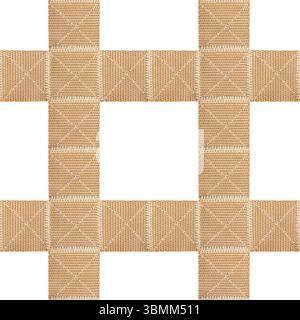 Texture 4k sans couture isolée de la grille de maille de sangle cousue en nylon militaire de couleur sable kaki sur fond blanc. Banque D'Images