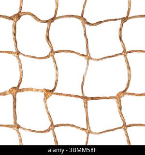 Texture 4k sans couture isolée de maille tressée de corde de lin brun sur fond blanc. Banque D'Images