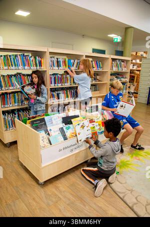 Pays-Bas - enfants à la recherche d'un livre et lisant des livres dans la bibliothèque de leur école primaire. Banque D'Images
