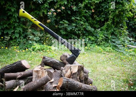 Scène extérieure avec une hache intégrée dans un bloc de coupe à côté d'un tas de bûches, suggérant une vie rustique, la préparation du bois de chauffage, ou le travail dans les bois. Banque D'Images
