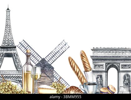 Un cadre avec des images de monuments et de produits parisiens. Illustration d'aquarelle dessinée à la main. Vin, raisins, baguettes, fromage, croissants, et macaron, Banque D'Images
