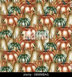 Modèle d'automne sans couture avec des citrouilles, des feuilles et des fleurs, ainsi que divers éléments d'automne. Illustration d'aquarelle faite à la main. Pour emballage, décor Banque D'Images