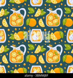 Motif sans couture mettant en valeur une limonade orange vibrante avec des tranches d'orange dans un pichet et un verre. Parfait pour les cocktails et smoothies, cette captur design Illustration de Vecteur