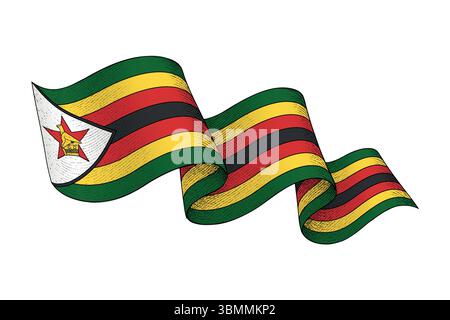 Drapeau national du Zimbabwe ondulant forme de ruban avec texture vintage gravée Illustration de Vecteur