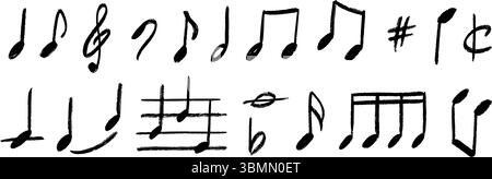 Jeu de notes de musique dessinées à la main. Collection de symboles musicaux griffonnés à la craie. Ensemble de panneaux de musique griffonnés au pinceau de charbon. Pack clés et clés de musique esquissée texturée au crayon. Eléments sonores. Vecteur Illustration de Vecteur