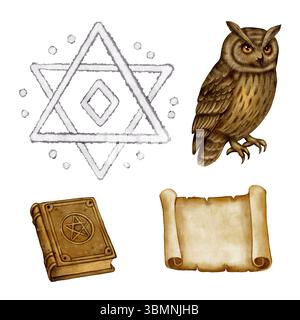 Ensemble de chouette avec livre de sorts magique et vieux parchemin. Dessin peint à la main. Technique d'aquarelle sur fond blanc. Idéal pour les thèmes fantastiques, Banque D'Images