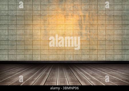Montrant l'intérieur plat avec des planchers en bois vers le mur carrelé en béton avec une lumière chaude centrale Banque D'Images