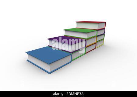 L'escalier de livres à couverture rigide de conception plate se lève sur fond blanc avec des couvertures lumineuses, espace de copie Banque D'Images