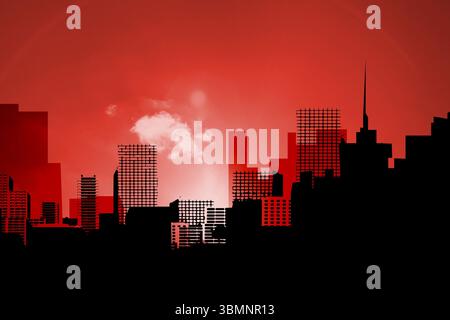 La conception vectorielle montre une skyline noire sous un ciel rouge brillant avec orbe lumineux et nuage blanc Banque D'Images