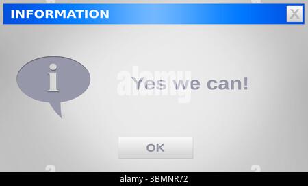 La conception plate affiche un dialogue avec la barre de titre bleue, l'icône d'information, oui nous pouvons, le bouton OK Banque D'Images