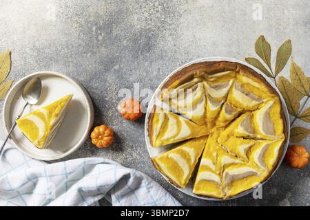 Dessert d'automne sain pour le petit déjeuner. Tarte à la casserole de fromage cottage de citrouille zèbre, casserole rayée avec fromage, chocolat et citrouille sur dos de pierre Banque D'Images