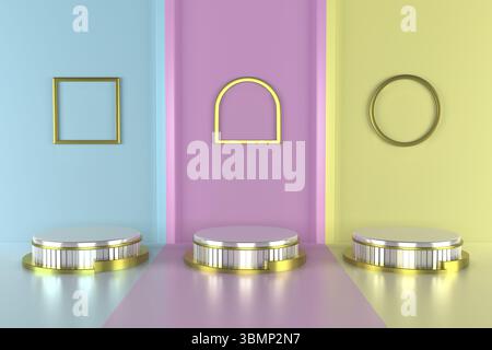 Arrière-plan géométrique abstrait du podium. Formes primitives minimalistes. Maquette moderne. Modèle vide. Vitrine vide. 3d rendu de l'exposition de magasin Banque D'Images