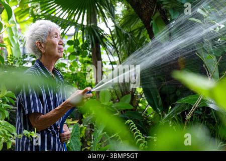 Femme asiatique senior arrosant le jardin avec tuyau dans le jardin de la maison. Banque D'Images