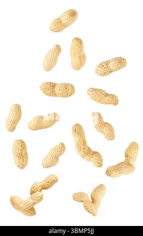 Haricots d'arachide tombants isolés sur fond blanc, chemin de découpage. Banque D'Images
