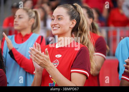 Toronto, Canada. 27 juin 2025. Jordyn Huitema #9 du Canada avant le match amical international féminin entre le Canada et le Costa Rica à BMO Field. Le 27 juin 2025 à Toronto, Canada. (Photo de Leonardo Ramirez/ Eyepix Group/SIPA USA) crédit : SIPA USA/Alamy Live News Banque D'Images