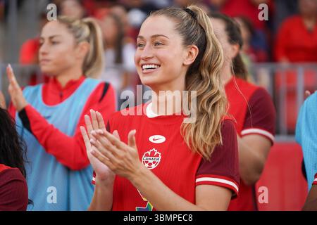 Toronto, Canada. 27 juin 2025. Jordyn Huitema #9 du Canada avant le match amical international féminin entre le Canada et le Costa Rica à BMO Field. Le 27 juin 2025 à Toronto, Canada. (Photo de Leonardo Ramirez/ Eyepix Group/SIPA USA) crédit : SIPA USA/Alamy Live News Banque D'Images