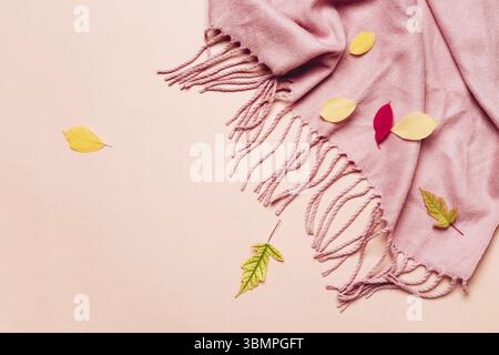 Écharpe rose confortable avec des glands et des feuilles éparses sur fond pastel. Bonjour concept d'automne Banque D'Images