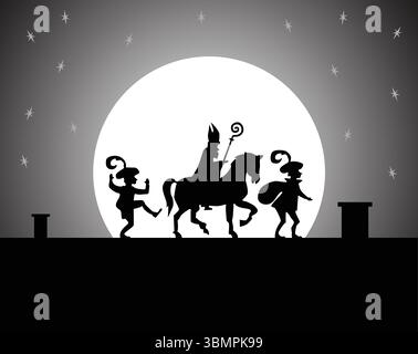 Saint Nicolas et deux Pètes noirs marchent sur le toit pendant la nuit en illustrateur Illustration de Vecteur