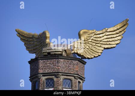 Cologne, Allemagne, 18 septembre 2024 : une voiture dorée avec des ailes sur la tour d'escalier du Zeughaus classé dans la vieille ville de Cologne, initiée par l'artiste Banque D'Images