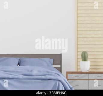 Chambre à coucher et mur blanc, grande fenêtre, style minimal, maquette et mur d'espace de copie - rendu 3D - Banque D'Images