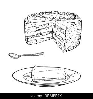 Gâteau, un morceau de cheesecake sur assiette et une cuillère, croquis noir et blanc. Illustration vectorielle. Pâtisseries sucrées de la pâtisserie pour le thé, isolé sur Illustration de Vecteur