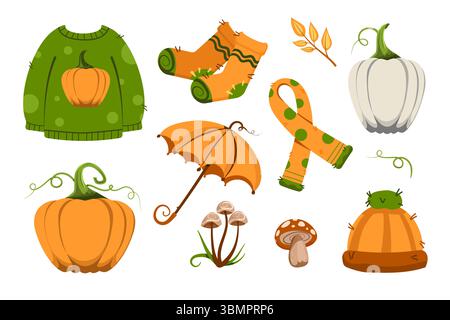 Ensemble confortable d'automne avec pull, chaussettes, écharpe, citrouilles. Illustration vectorielle. Collection saisonnière colorée isolée sur fond blanc Illustration de Vecteur