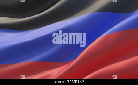 Drapeau agité très détaillé en gros plan de la République populaire de Donetsk. Illustration 3D. Banque D'Images