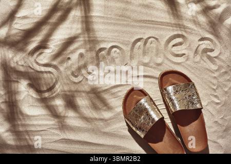 Concept d'été avec une ombre d'un palmier tropical feuilles, copyspace. Les tongs sont disposés sur un sable blanc de plage avec une inscription. L'été Banque D'Images