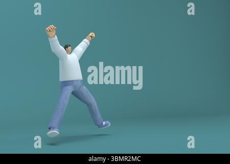 Personnage de dessin animé portant une chemise longue blanche en Jean. illustrateur 3d dans l'action. Il saute Banque D'Images