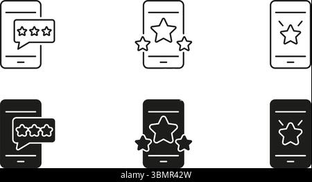 Jeu d'icônes d'évaluation et d'évaluation de l'application mobile. Commentaires de l'utilisateur et Star Rating System Outline et Silhouette Symbol Collection. Satisfaction client et Illustration de Vecteur
