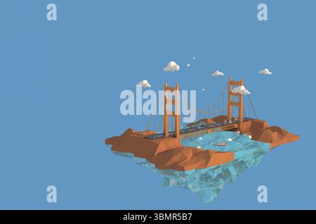 Illustrateur 3D Golden Gate Bridge aux États-Unis. Arrière-plan de géométrie polygonale de rendu 3D. Forme géométrique polygonale abstraite. Lowpoly minimal style Art Banque D'Images