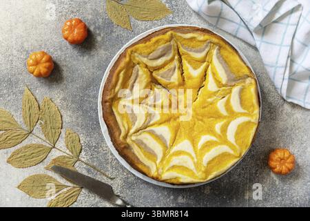 Dessert d'automne sain pour le petit déjeuner. Tarte à la casserole de fromage cottage de citrouille zèbre, casserole rayée avec fromage, chocolat et citrouille sur dos de pierre Banque D'Images