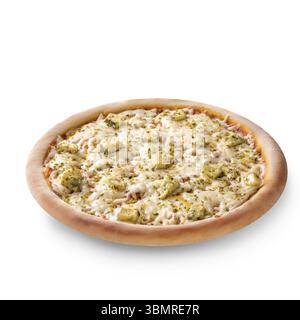 Vue aérienne isolé sur blanc d'un ensemble composé de quatre fromages délicieux pizza italienne sur fond blanc. La vie encore. Copy space Banque D'Images