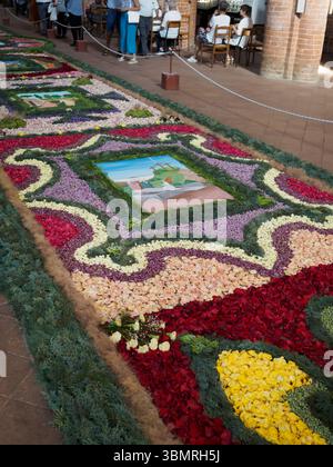 Alseno, Italie 22 juin 2025 pétales de fleurs colorées créant des motifs complexes et des représentations religieuses sur le sol de Chiaravalle della Colomba ABB Banque D'Images