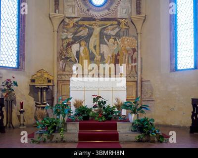 Alseno, Italie 22 juin 2025 plantes et fleurs ornant l'autel de l'abbaye cistercienne de Chiaravalle della Colomba pour la fête du Corpus Domini, f Banque D'Images