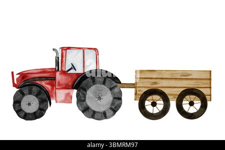 Tracteur avec un chariot dessin à la main aquarelle. Clip art d'une voiture jouet rouge isolé sur un fond blanc. Illustration d'une machine agricole. Pour Banque D'Images