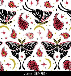 Motif sans couture crème et sarcelle avec motif céleste luna Moth et Paisley Illustration de Vecteur
