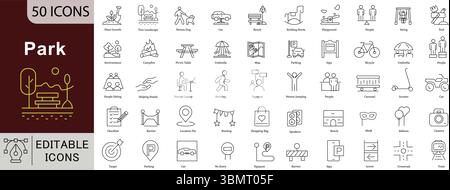 Jeu d'icônes de ligne modifiable de parc et de loisirs - 50 symboles d'activité extérieure vectorielle pour les projets de conception de sports de randonnée de camping Illustration de Vecteur