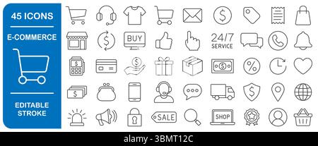 Jeu d'icônes de trait de trait modifiable pour le commerce électronique. Collection d'icônes de ligne mince de shopping en ligne. Pack de symboles de boutique en ligne. Illustration vectorielle. Isolé sur whi Illustration de Vecteur