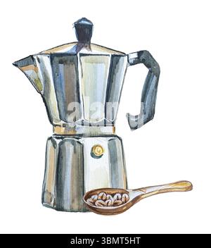 Cafetière Geyser et grains de café isolés sur blanc. Banque D'Images