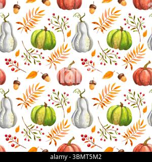 Modèle sans couture d'automne avec des feuilles orange et des citrouilles d'automne. Illustration à l'aquarelle dessinée à la main de légumes et de plantes sur fond blanc. Pour d Banque D'Images