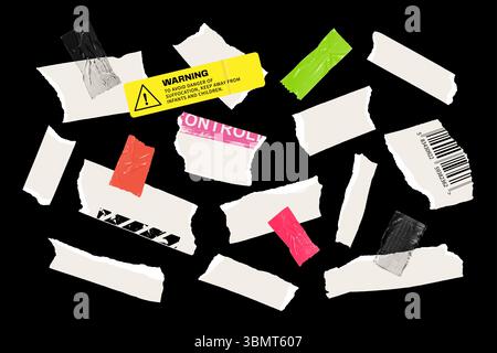 Morceaux de papier déchirés réalistes et morceaux de ruban coloré sur noir. Parfait pour les mises en page brutalistes, punk, grunge et utilitaires. Idéal pour les titres, les affiches et les compositions brutes. Graphiques Vector EPS10. Illustration de Vecteur
