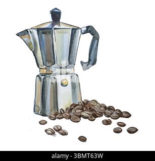 Cafetière Geyser et grains de café isolés sur blanc. Banque D'Images