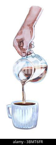 Mains avec illustrement de café isolé sur blanc. Banque D'Images