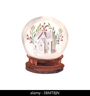 Aquarelle illustration du nouvel an d'un globe de neige dans lequel il y a une maison blanche Banque D'Images