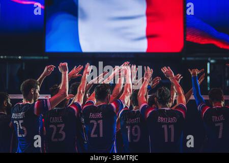 Italie vs France lors du match masculin de la Ligue des Nations de volleyball FIVB 2024 le 28 juin à Łódź, Pologne. Banque D'Images
