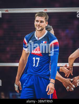 Italie vs France lors du match masculin de la Ligue des Nations de volleyball FIVB 2024 le 28 juin à Łódź, Pologne. Banque D'Images