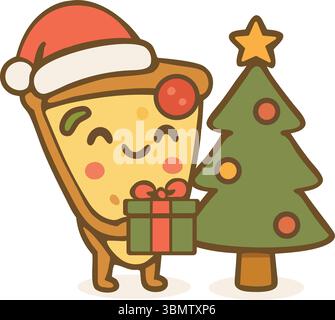 Personnage festif de tranche de pizza de Noël avec un chapeau de Père Noël et arbre décoré Illustration de Vecteur