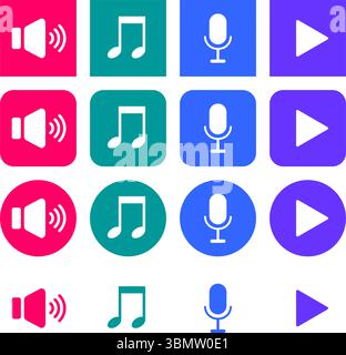 Icônes audio. Ensemble de signes verts, roses, bleus et violets. Lecture, son, musique, note, icônes de microphone. Illustration de Vecteur