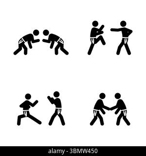 Ensemble de figures de bâton, karaté art martial, silhouettes noires sur fond blanc, illustration vectorielle plate. Illustration de Vecteur